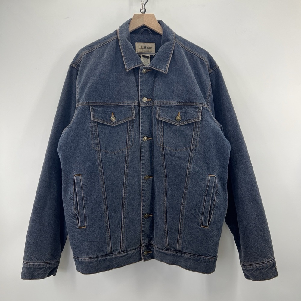 Vintage LL Bean Men L Tall Jacket Denim Blue Jean Cotton Flannel Line Trucker